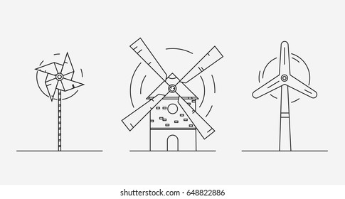 Different wind mills collection in outline style