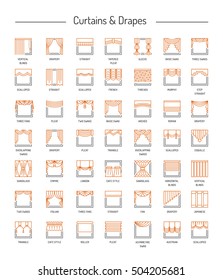Different window drapes, valances, curtains, blinds. Lambrequins and shades. Home decor elements. Line icon set. Vector illustration.