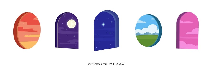 Different windows views. Isolated window with sunny valley, starry sky, night and evening time, sunset. Surreal worlds, nature landscape, vector design elements