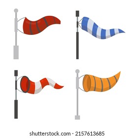 Different windsocks cartoon illustration set. Striped air sleeve or cone for indicating wind direction and velocity or speed on white background. Weather, meteorology, indicator, warning concept