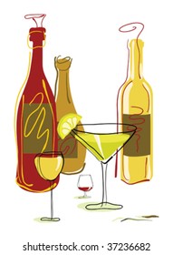 Different wine bottles and glass of wine