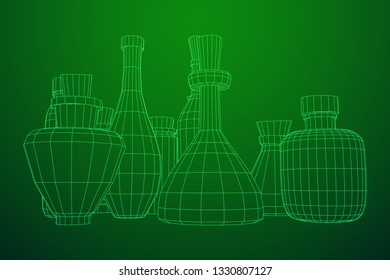 Different wine bottles. Model wireframe low poly mesh vector illustration