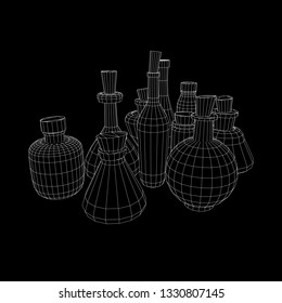 Different wine bottles. Model wireframe low poly mesh vector illustration