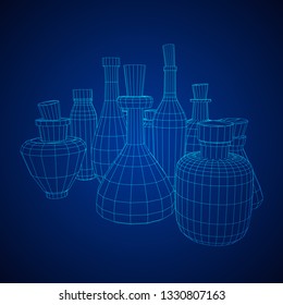 Different wine bottles. Model wireframe low poly mesh vector illustration