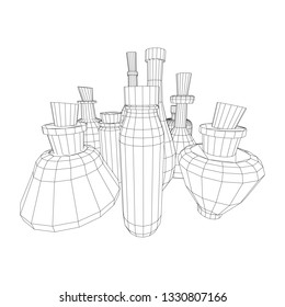 Different wine bottles. Model wireframe low poly mesh vector illustration