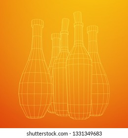 Different wine bottles. Model wireframe low poly mesh vector illustration