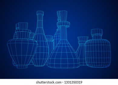 Different wine bottles. Model wireframe low poly mesh vector illustration