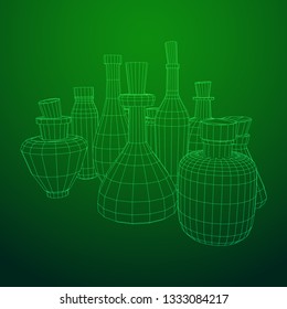 Different wine bottles. Model wireframe low poly mesh vector illustration
