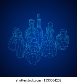 Different wine bottles. Model wireframe low poly mesh vector illustration