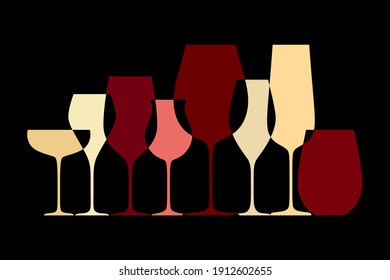 Different wine glasses. Abstract design with different shape glassware for wine tasting and drinking isolated on black background. Vector illustration