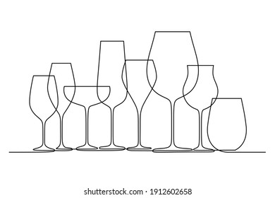 Different wine glasses in continuous line art drawing style  Glassware for wine tasting   drinking minimalist black linear design isolated white background  Vector illustration