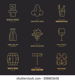 Different wine and vineyard design elements made in modern line style vector. Wine logos and badges.
