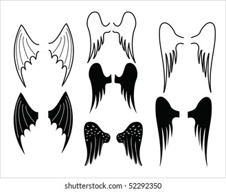 Different Wings of Angels and Demons black and white on white background isolated