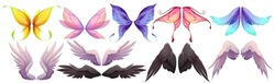 Different Wings Of Fairy, Butterfly, Bird, Angel With Black And White Feathers. Vector Cartoon Set Of Wings Pairs Of Magic And Fantasy Characters And Animals Isolated On White Background