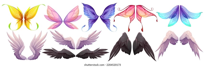 Diferentes alas de hada, mariposa, pájaro, ángel con plumas blancas y negras. Dibujo vectorial conjunto de alas pares de personajes de magia y fantasía y animales aislados en fondo blanco