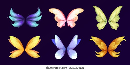 Different wings fairy butterfly bird angel. Dragon, monster, angel, butterfly wings isolated in black. Cartoon vector illustrations for fairy tales, legends, mythological designs.