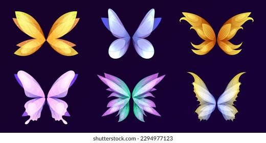 Diferentes alas hadas hadas de mariposa ángel de pájaro. Dragón, monstruo, ángel, alas de mariposa aisladas en negro. Ilustraciones vectoriales de dibujos animados para cuentos de hadas, leyendas, diseños mitológicos.