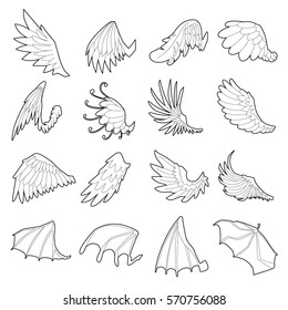 Different wings icons set. Outline illustration of 16 different wings vector icons for web