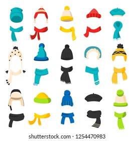 Different Winter and  Fall cartoon hats and scarfs set, vector illustration. Isolated on white background. Warm head fashion accessory for a cold season. Icons collection
