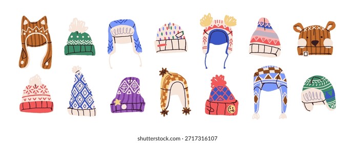 Verschiedene Wintermützen. Niedliche Kinder- und Unisex-Kopfbedeckungen für kaltes Wetter. Wolle stricken Mützen mit Pompons. Winterkleidung, Accessoires. Flache, einzelne Vektorgrafiken auf weißem Hintergrund