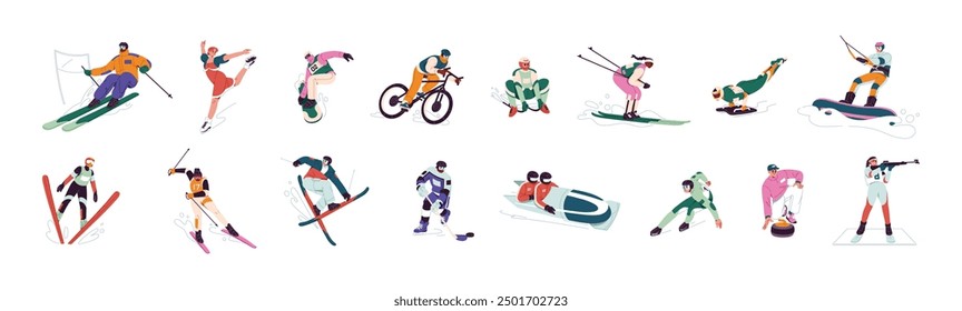 Different winter sports set. People ride on ski, snowboard. Professional athletes go bobsleigh, biathlon, skating. Sportsmen go curling, ice hockey, slalom. Flat isolated vector illustrations on white