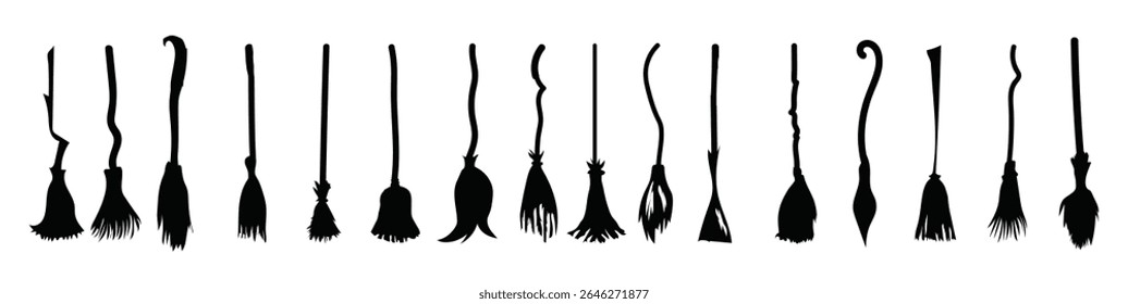Vassoura de bruxa diferente conjunto isolado no fundo branco. Elementos decorativos Vetor de Halloween
