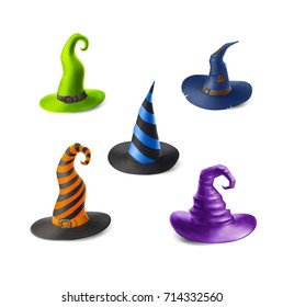 Different witch and wizard's hats isolated on white background. Halloween vector illustration. Different color variants