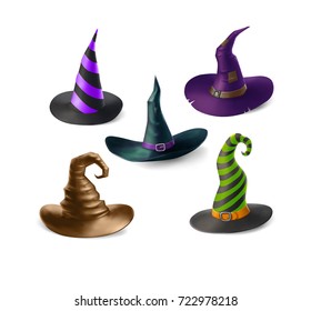 Different witch and wizard,s hats isolated on white background. Halloween vector illustration. Different color variants