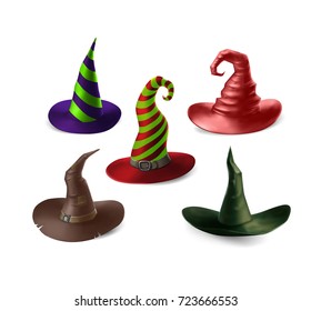 Different witch and wizard,s hats isolated on white background. Halloween vector illustration. Different color variants
