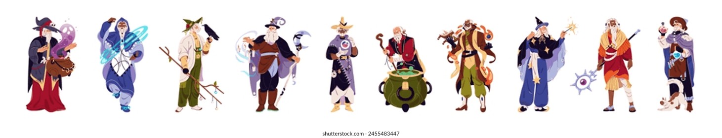 Diferentes asistentes establecidos. Viejos magos barbudos en hechizos de capa. Hechiceros medievales, brujas, personaje mágico en poción de cerveza de sombrero puntiagudo en caldero. Ilustración vectorial aislada plana sobre fondo blanco