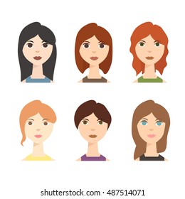 Different Woman Avatar Set. Cartoon girl avatars set colour Design Style. Vector illustration of random girls characters icon set. Female icons with various hair for avatars in social networks.  