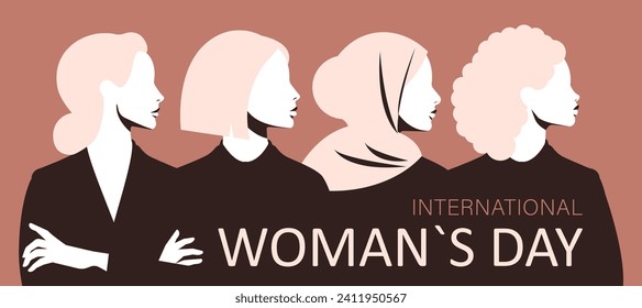 Diferentes retratos de perfil de mujer seguidos. Cartel horizontal del Día Internacional de la Mujer. Amistad, unidad, derechos de la mujer, solidaridad y unión multirracial.