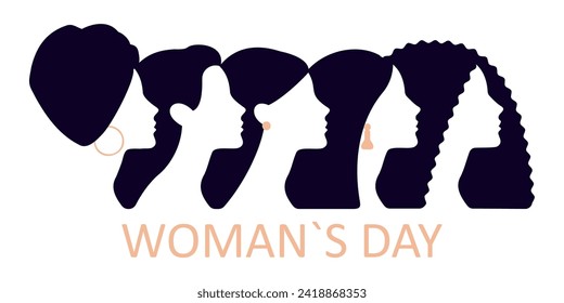 Different woman profile portraits in a row. International woman day. Friendship, unity, woman rights, solidarity and multiracial union. Diverse ethnic women simple shaped silhouette profiles.