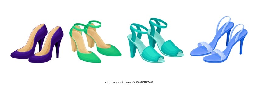 Different Woman Shoes Pair and Trendy Footwear Vector Set