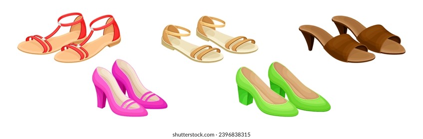 Different Woman Shoes Pair and Trendy Footwear Vector Set