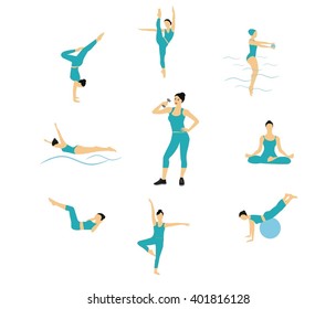 Different woman sport signs. Vector woman figures swimming, gymnastic,  shaping, cardio, dance, Pilates, stretching, woman yoga healthy lifestyle, sport, fitness isolated on  vector illustration.