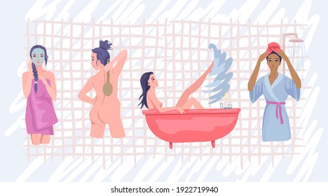 Different women after shower. Water procedures, washing body and taking a bath, bath and shower time. Skin and hair care. Vector flat illustration