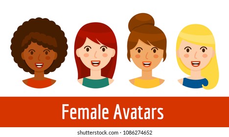 Different women avatars collection isolated on white background. Beautiful smiling girl portraits in cartoon style - blonde, brunette, red hair and black girl. Vector illustration.