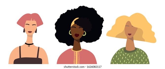 Different women avatars set. Flat stock vector famine illustration with different nationalities. Women character portraits. 