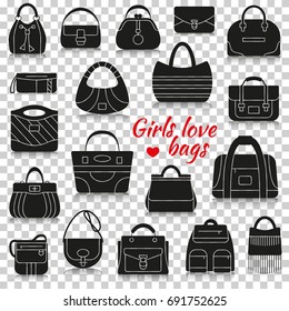 Different women bags. Silhouette icons with reflection on transparent background. Vector illustration.