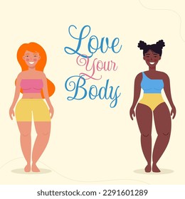 Different women by nationality and body composition. Background love your body