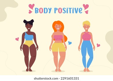 Different women by nationality and body composition. Body positive background
