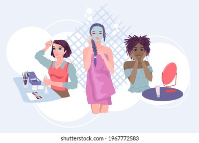 Different women do make-up, facials, masks and patches for the face, smear cream on the skin. Home daily beauty care. Vector flat illustration