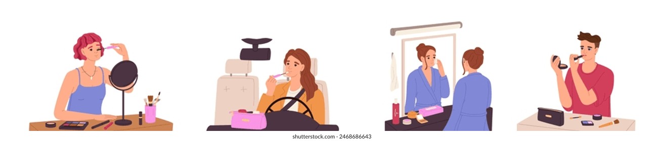 Different women do makeup set. People do visage in front of mirror, applying mascara, lipstick, powder. Girl does make up during driving. Beauty routine. Flat isolated vector illustrations on white