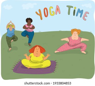 Different women do yoga in nature in the park