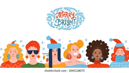 Different Women with gift boxes. Handwritten quote - Merry and bright. Vector flat hand drawn greeting card.