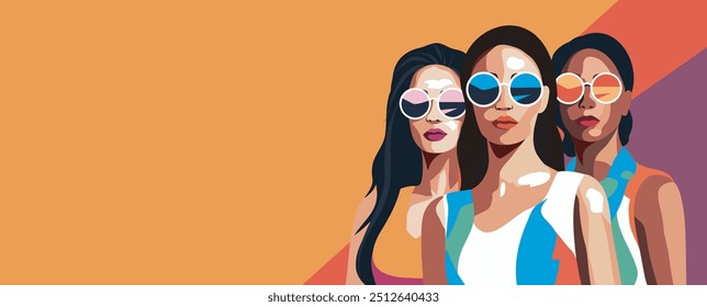 Different women in glasses standing together. Stylish vector illustration. Vector greeting card with space for text with women's day. Movements for gender equality and women's empowerment