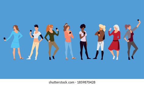 different women group using smartphone devices vector illustration