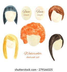 Different women haircuts and faces set made in watercolor technique