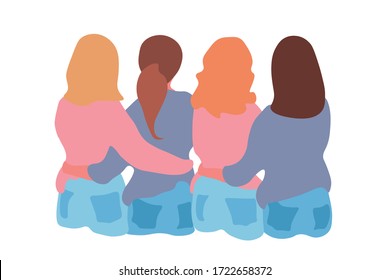 
Different women hold hands. For girls, the concept of power, women's ideas, women's empowerment, role cards. Friendship and solidarity. Vector illustration.